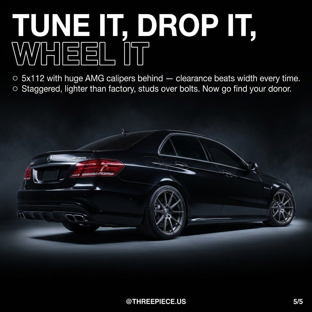 Mercedes W212 E63 AMG on staggered 5x112 aftermarket wheels clearing AMG brake calipers