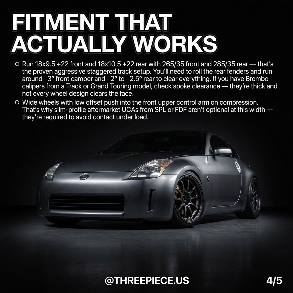 Nissan 350Z aggressive staggered wheel fitment 18x9.5 front 18x10.5 rear