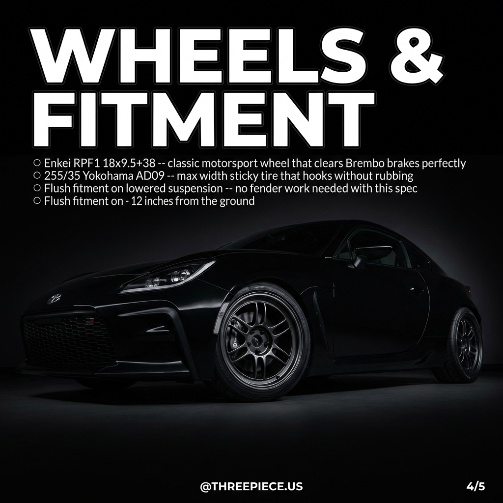 Enkei RPF1 18x9.5+38 wheels with 255/35 Yokohama AD09 tires on lowered GR86