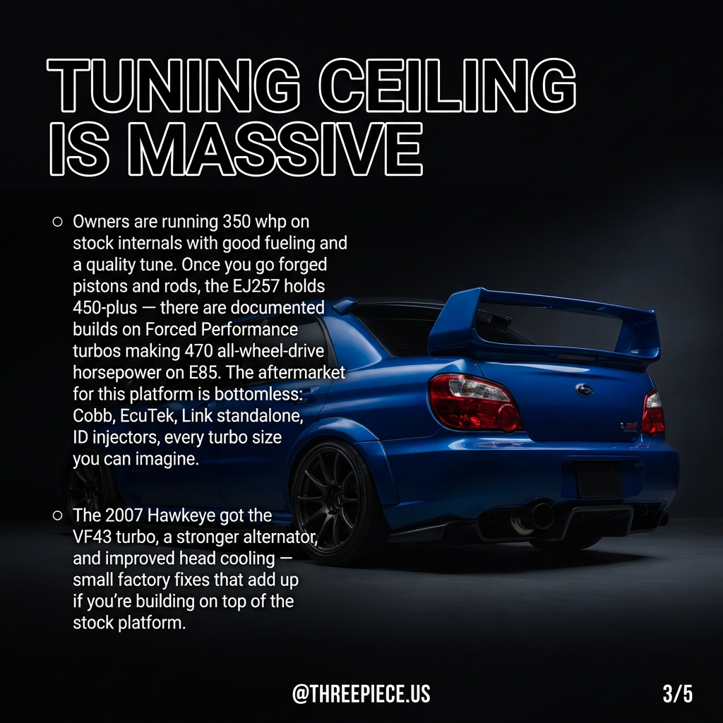 EJ257 turbo flat-four engine bay in a 2004-2007 Subaru STI GD showing turbo and intercooler