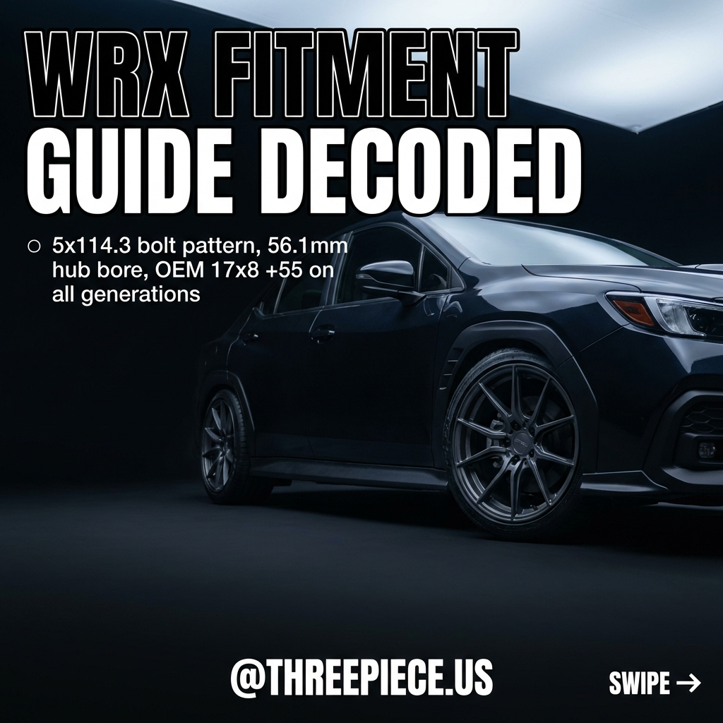 Subaru WRX wheel fitment guide showing stock to aggressive setups
