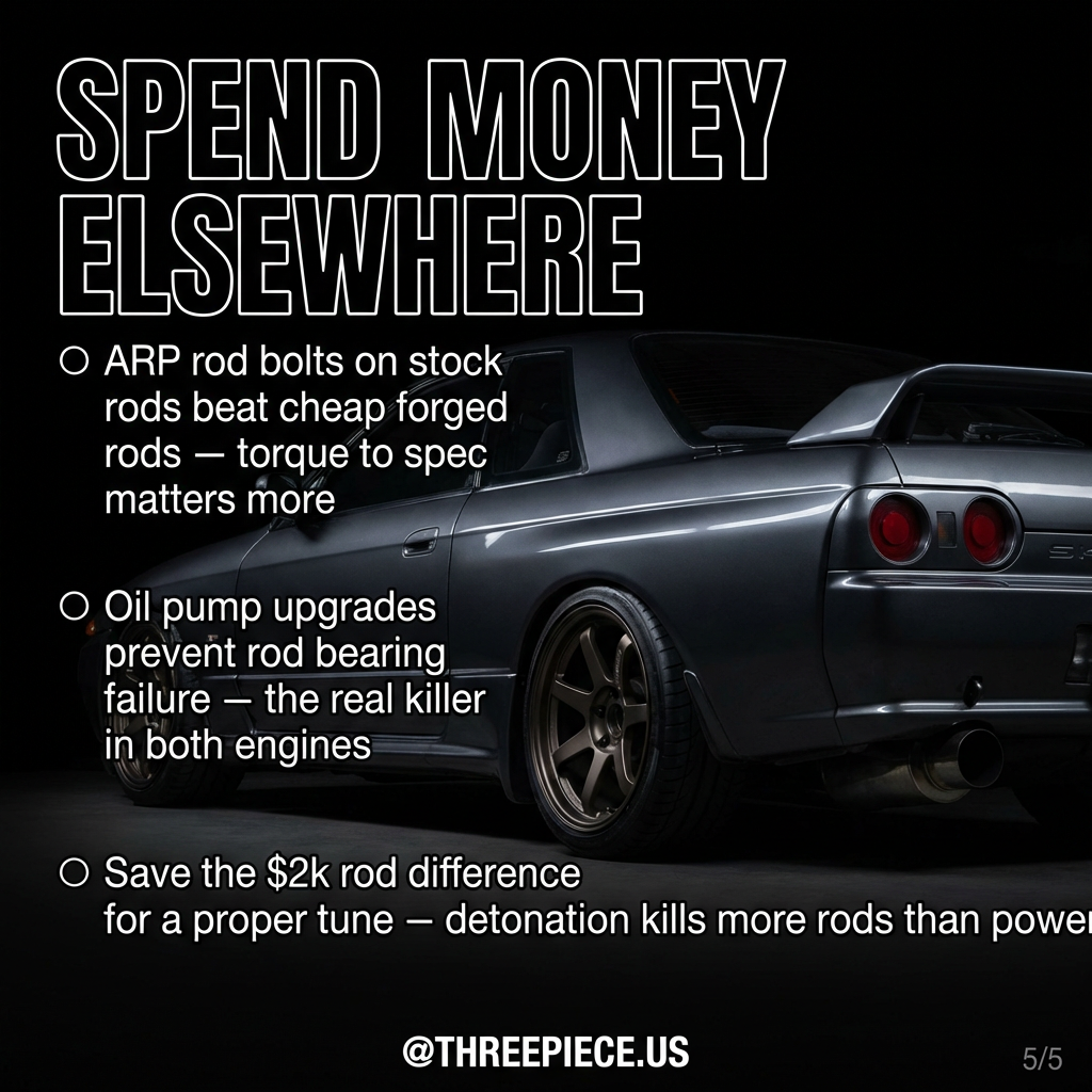 Engine build components showing proper rod bolt torque specifications