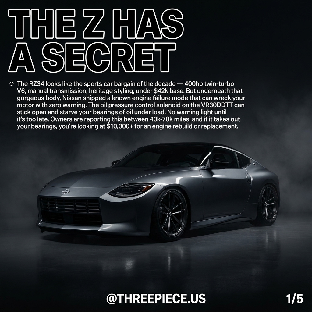 2023-2026 Nissan Z RZ34 front three-quarter view showing VR30DDTT twin-turbo sports car