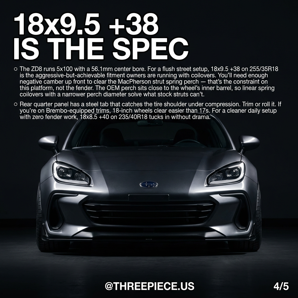2022-2026 Subaru BRZ ZD8 wheel fitment 18x9.5 +38 with 255/35R18 tires flush stance