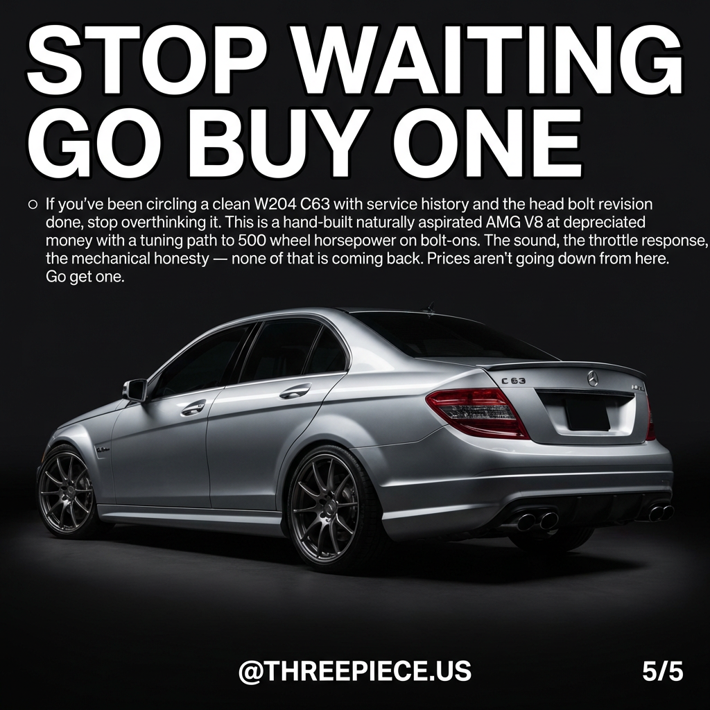 W204 C63 AMG rear quarter view showing staggered aftermarket wheel fitment