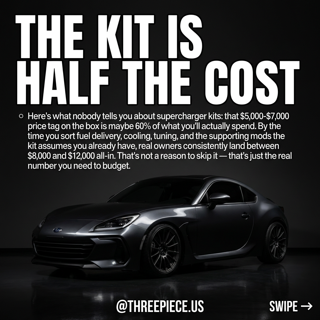 Supercharger kit installed on a performance engine with supporting mods visible