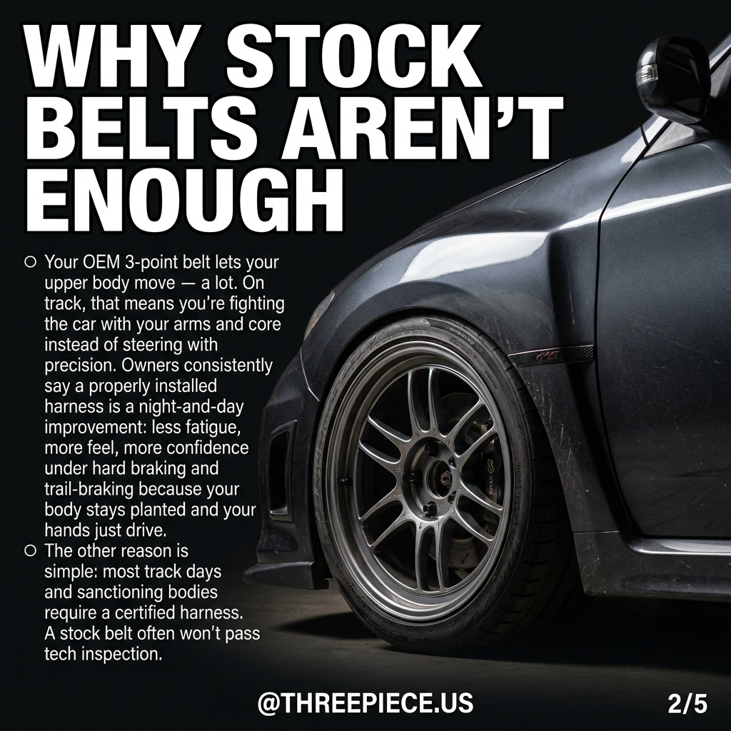 Comparison of stock 3-point seatbelt versus multi-point racing harness