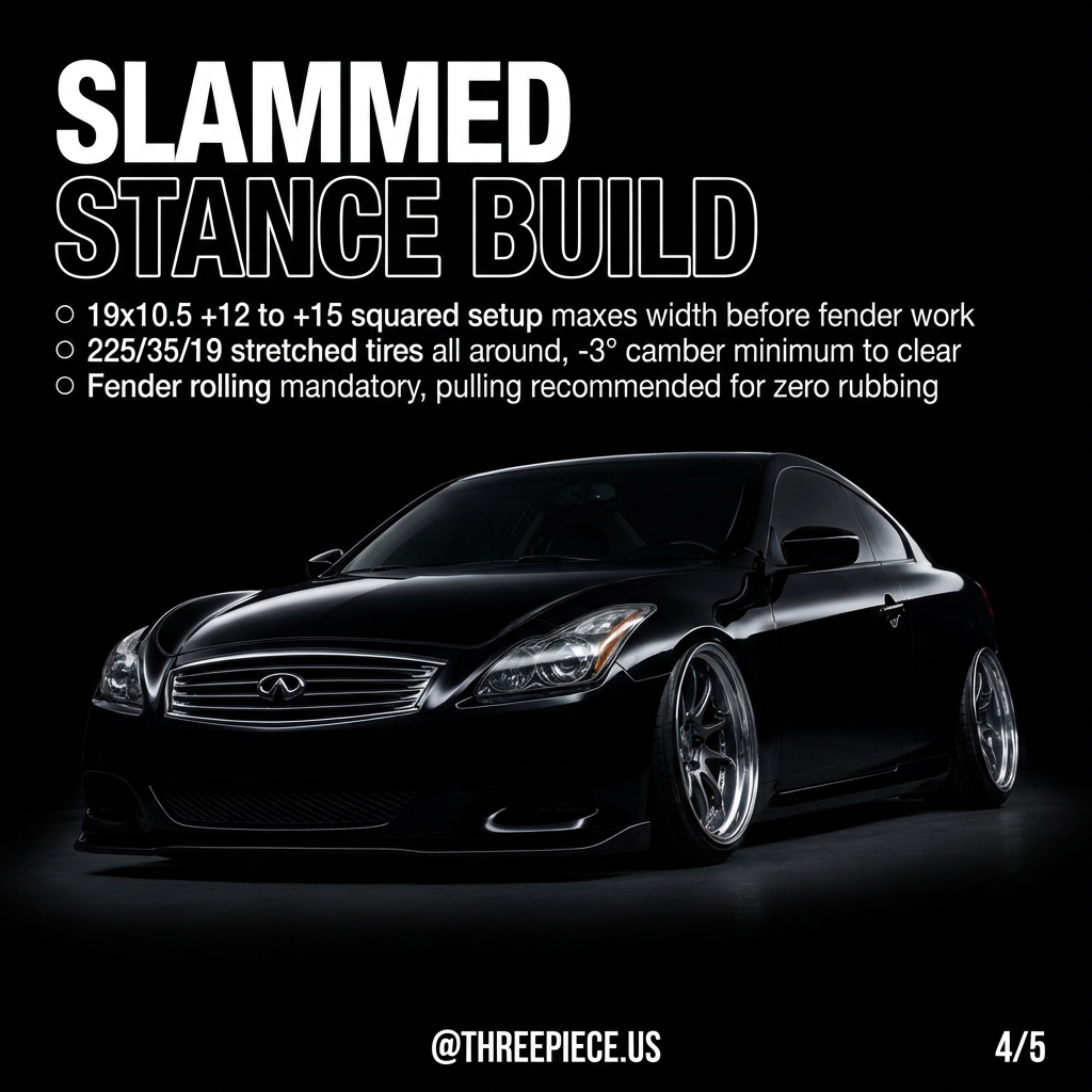 Slammed Infiniti G37 stance build with maximum wheel width and stretched tires