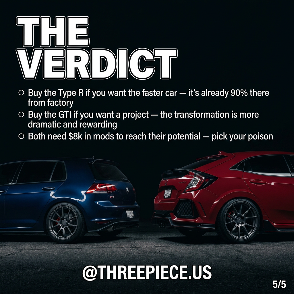 VW GTI Mk7 and Honda Civic Type R FK7 with aftermarket 3-piece wheels and track suspension