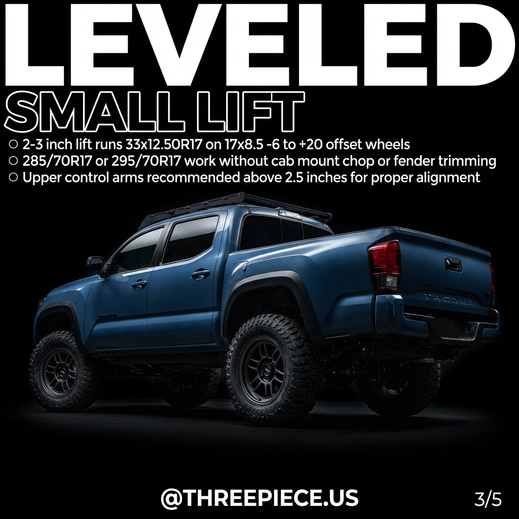 Leveled Toyota Tacoma with 33-inch tires and aftermarket wheels