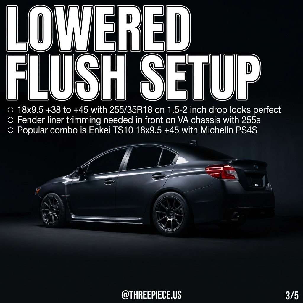 Lowered WRX with flush 18x9.5 wheels and 255/35R18 tires