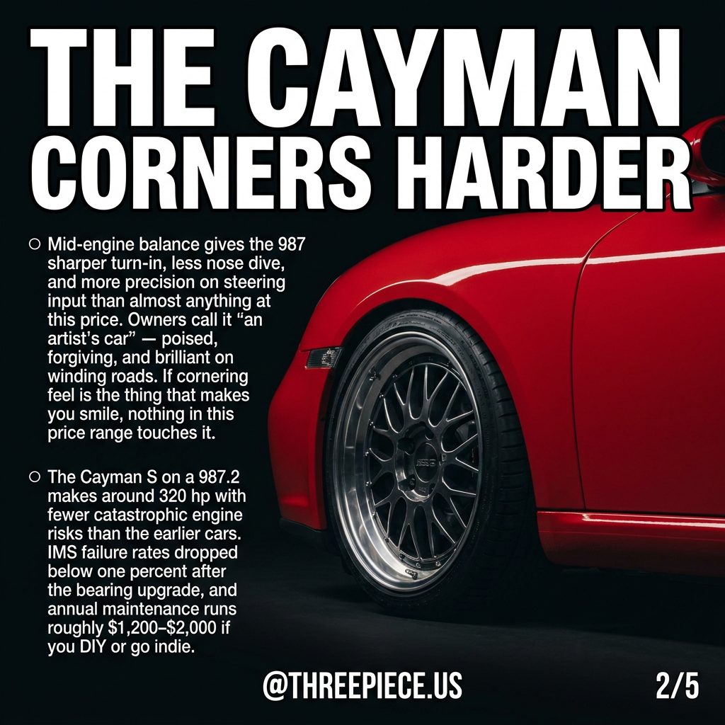 Porsche 987 Cayman S mid-engine sports car on aftermarket wheels