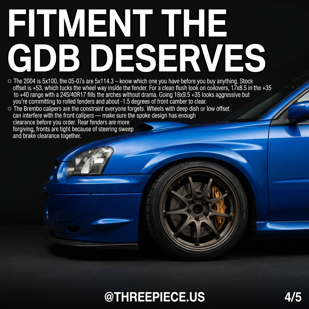 Subaru STI GDB hawkeye wheel fitment 17x8.5 flush offset Brembo clearance
