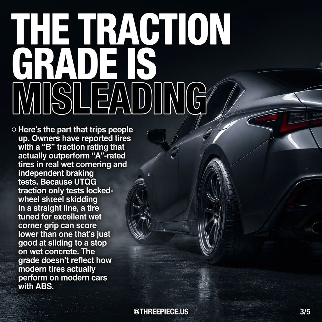 UTQG traction grade limitations showing wet braking vs cornering performance