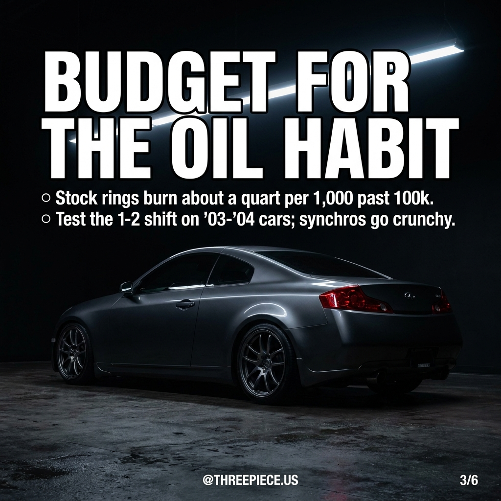 G35 coupe buying checklist covering oil consumption and 6-speed synchro wear
