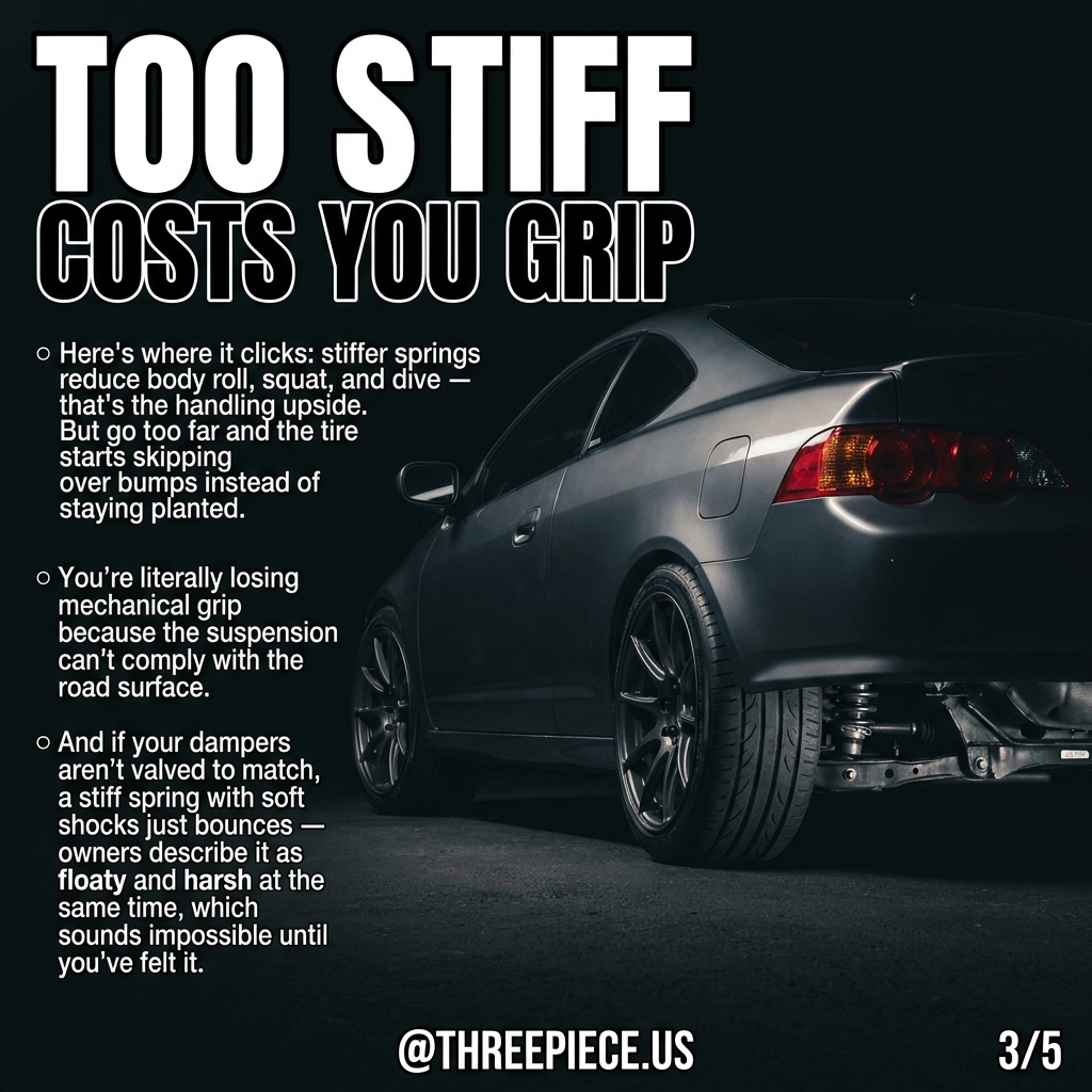 Diagram showing how overly stiff coilover spring rates cause tire skip and grip loss over bumps