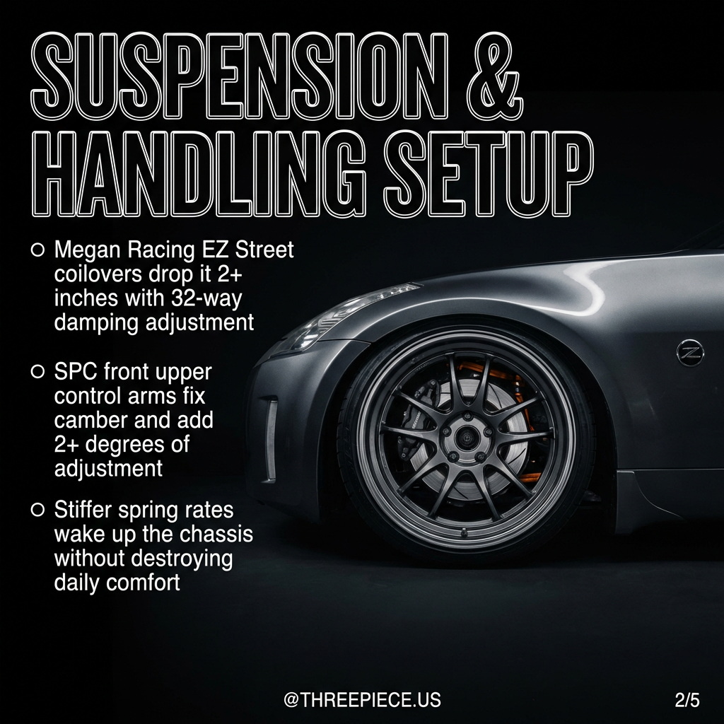 Megan Racing EZ Street coilovers installed on 350Z with SPC front upper control arms
