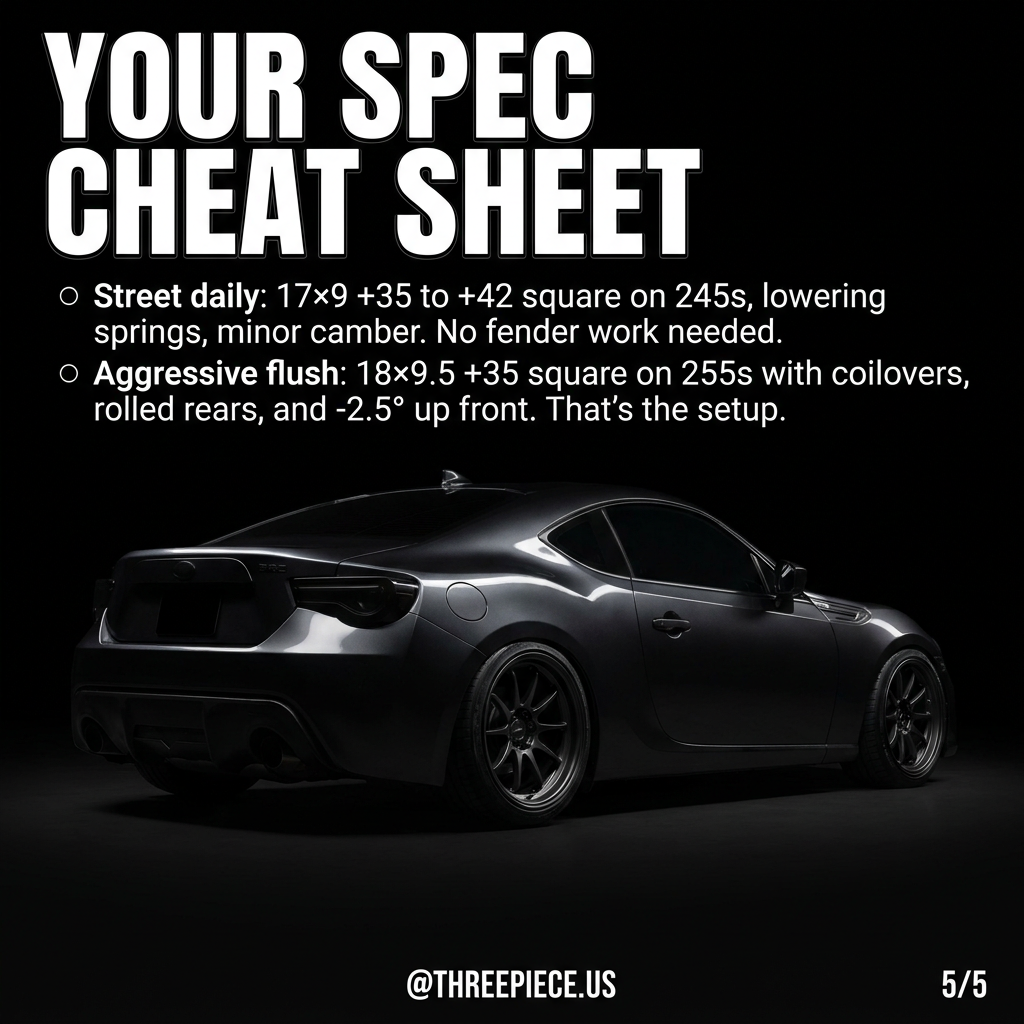 BRZ FR-S spec cheat sheet street daily vs aggressive flush wheel fitment