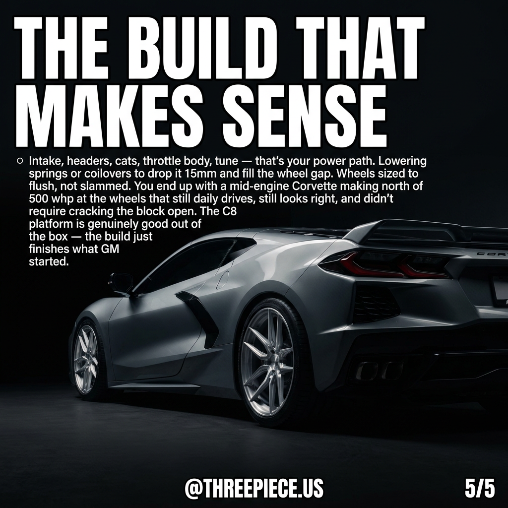 C8 Corvette build with lowering springs, aftermarket wheels, and performance exhaust