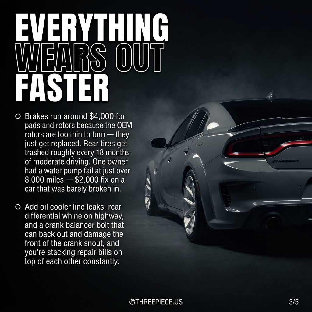 Dodge Charger Hellcat brake and tire wear detail showing maintenance costs