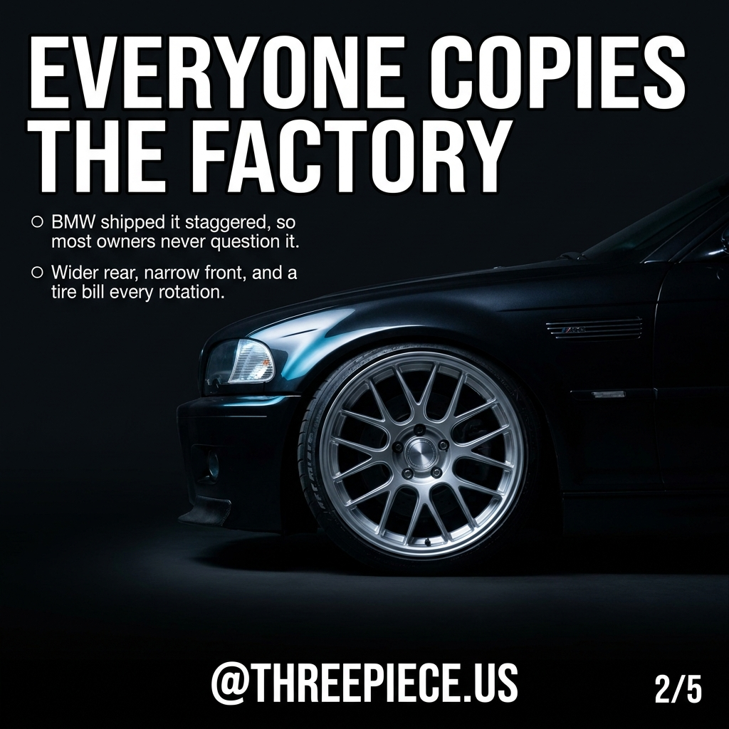 E46 M3 factory staggered Style 67 wheel fitment 18x8 front 18x9 rear