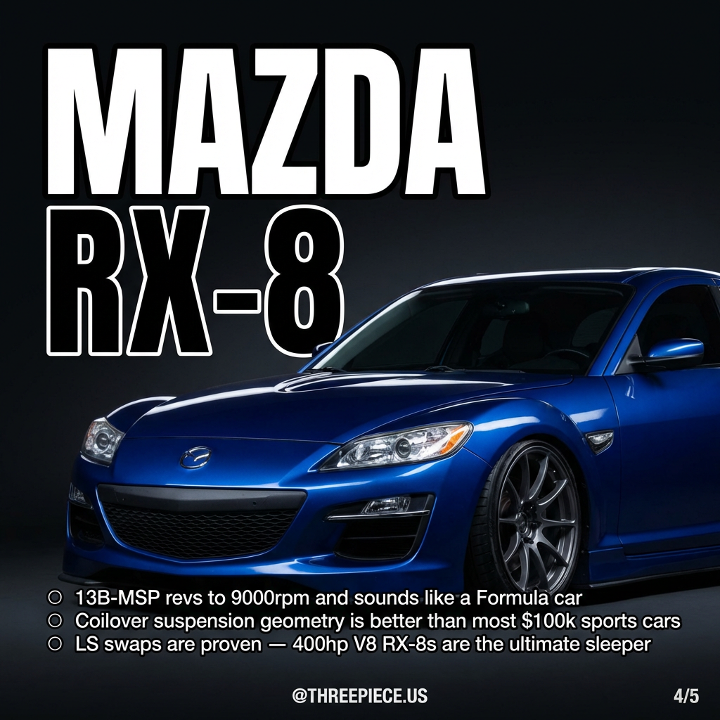 Mazda RX-8 rotary engine bay with performance intake and aftermarket suspension setup
