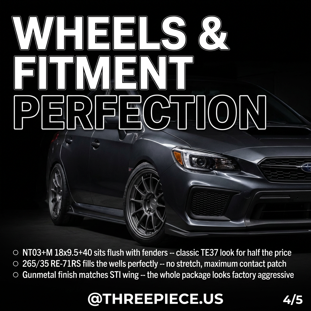Enkei NT03+M wheels 18x9.5 offset 40 on Subaru STI with proper fitment