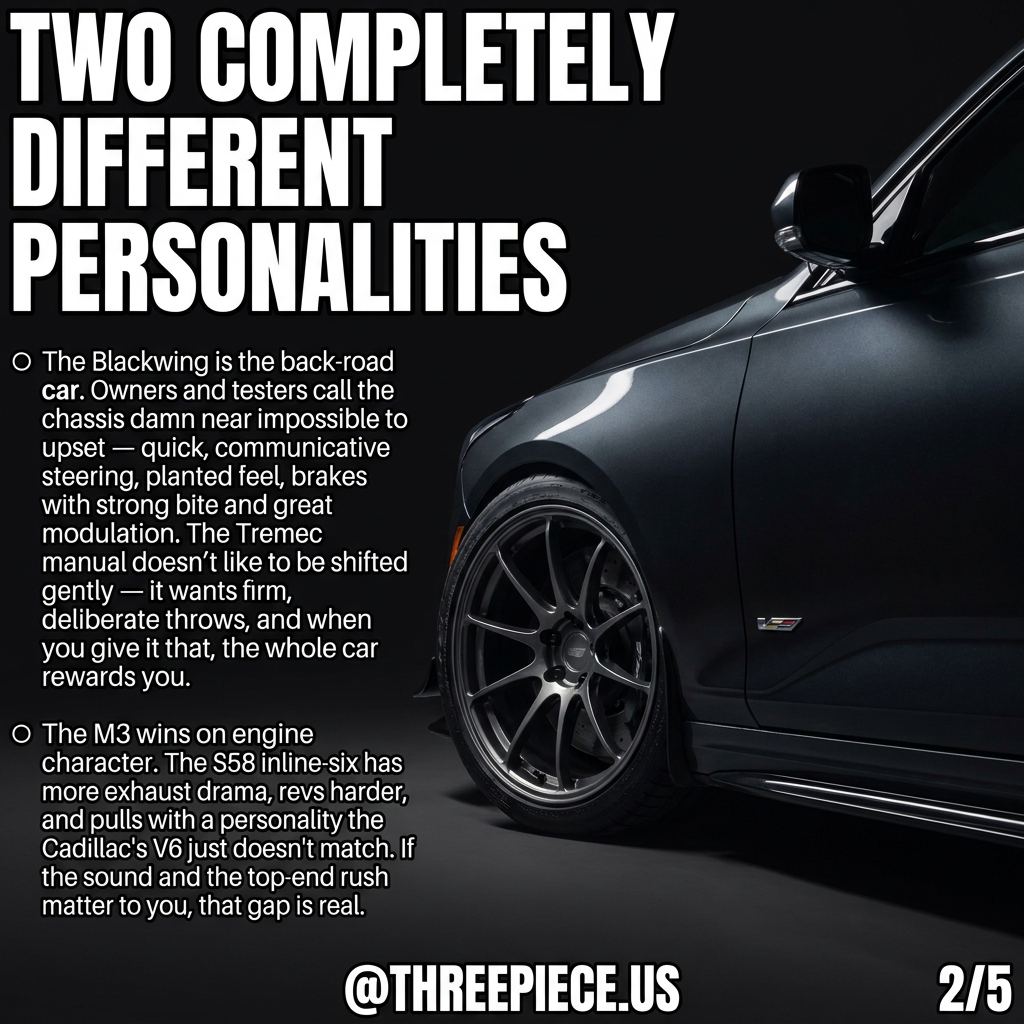 CT4-V Blackwing twin-turbo V6 engine bay versus BMW M3 S58 inline-six
