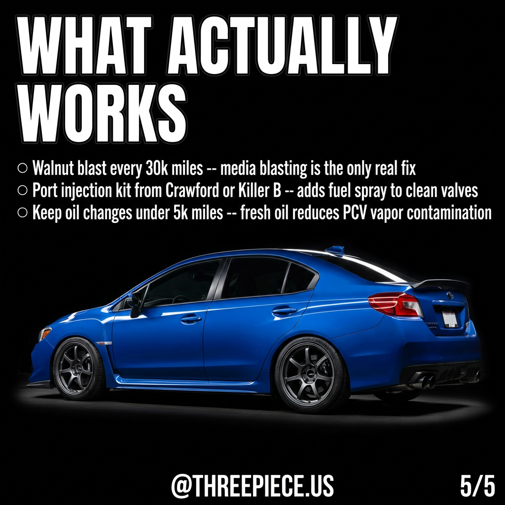 Walnut blasting FA20DIT intake valves showing before and after carbon removal on Subaru WRX