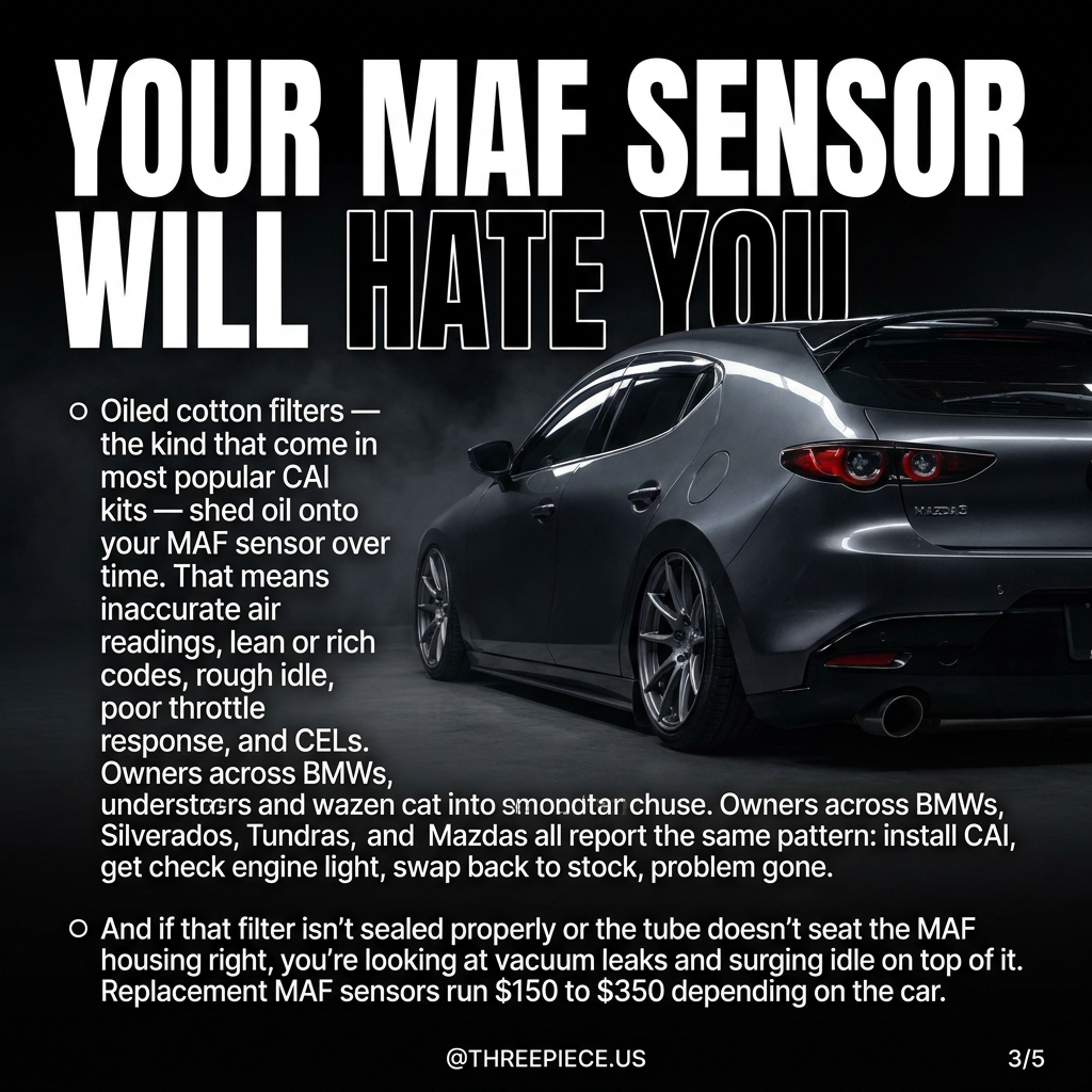 Diagram showing how oiled CAI filters contaminate MAF sensors causing CEL codes