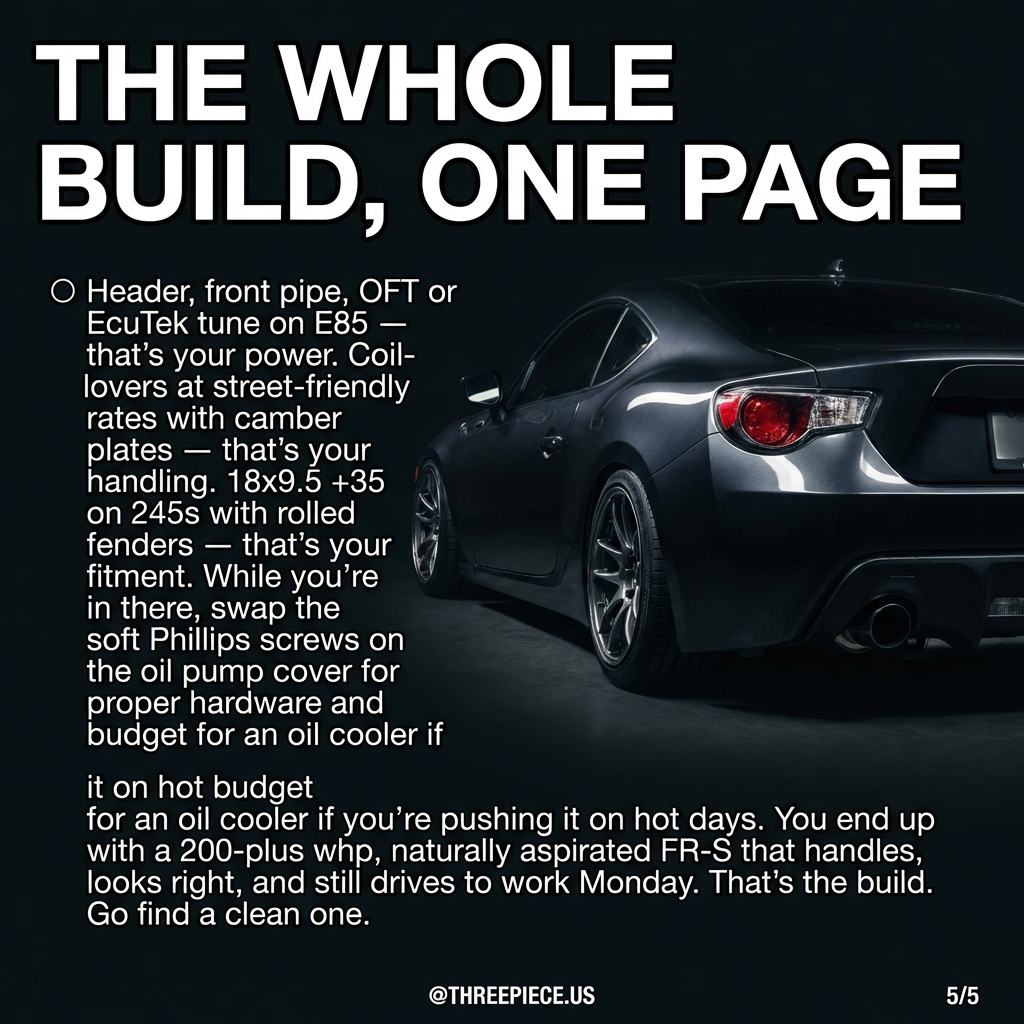 Complete Scion FR-S ZN6 build with headers tune coilovers and 18-inch wheels