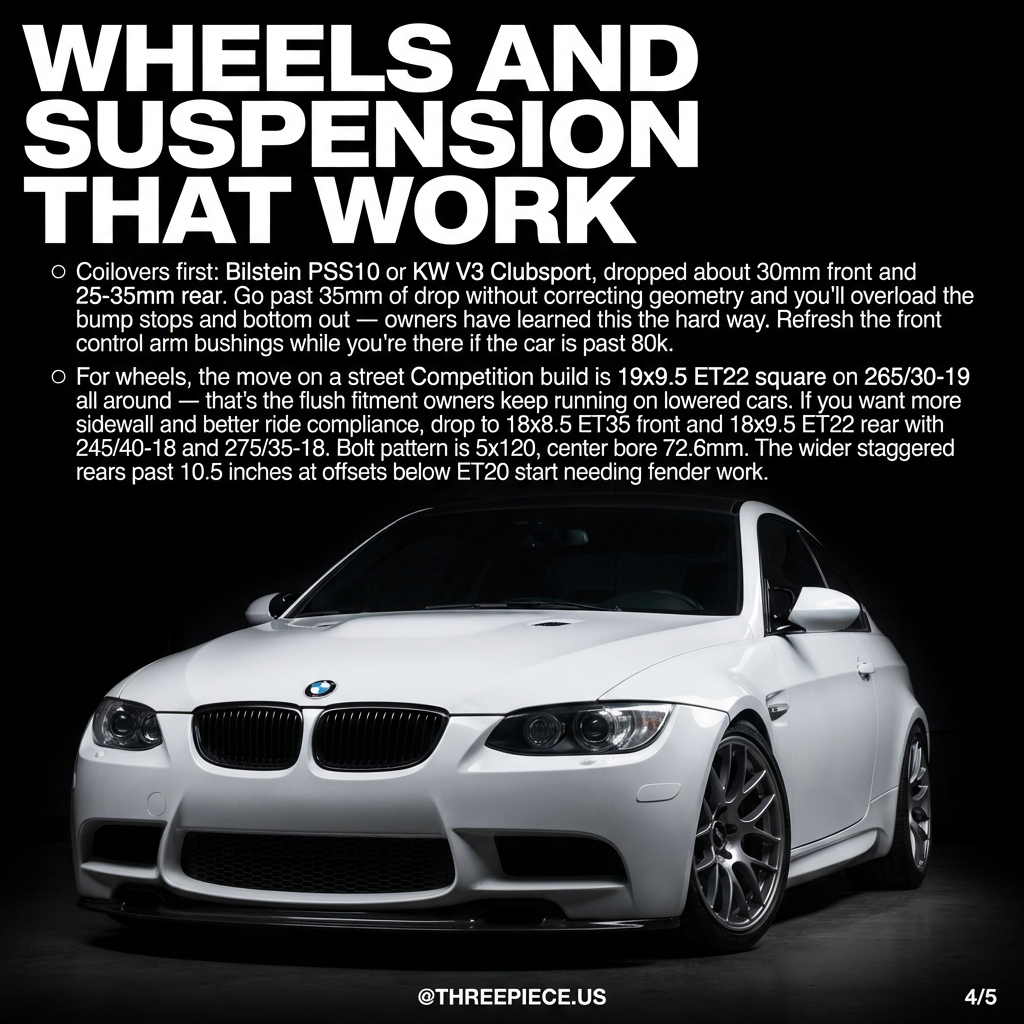 BMW E92 M3 Competition with aftermarket wheels and lowered suspension on 5x120 fitment
