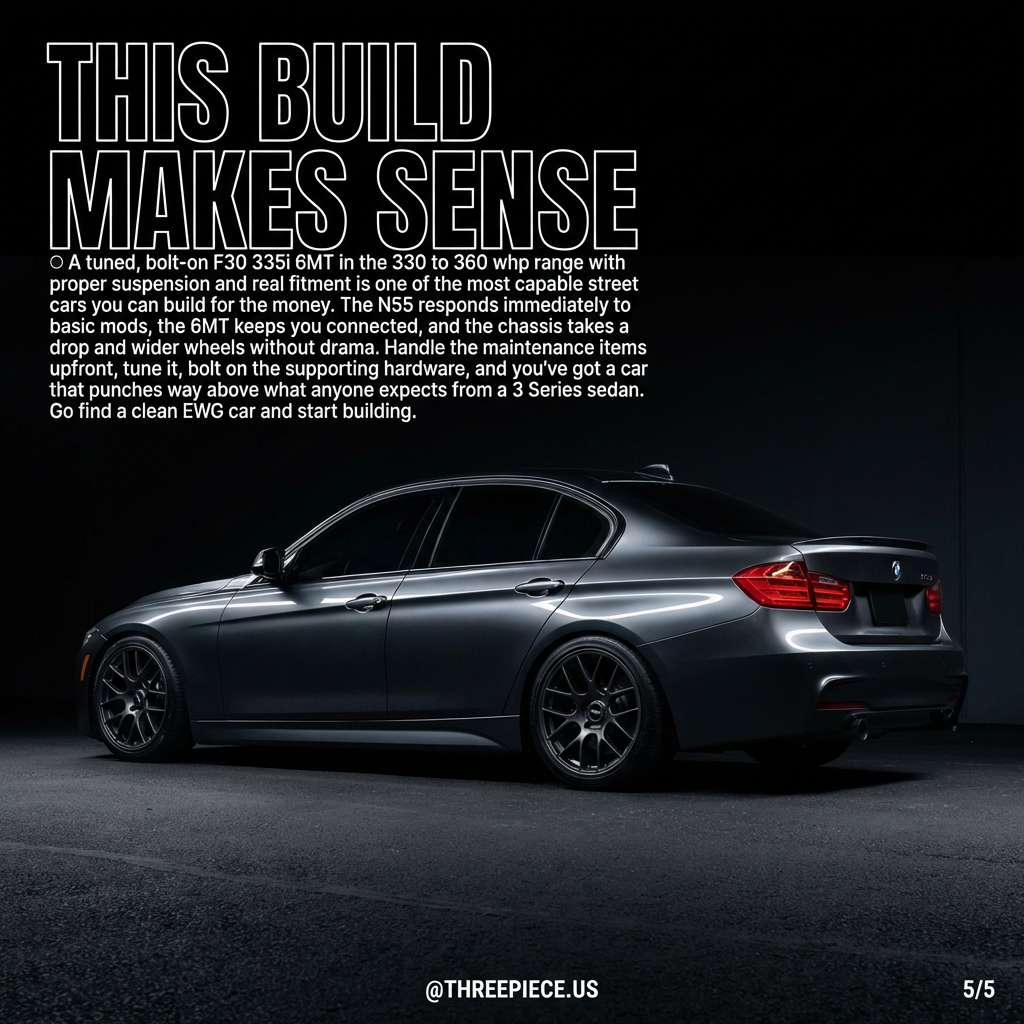 Completed BMW F30 335i N55 6MT build with lowered suspension and aftermarket wheels