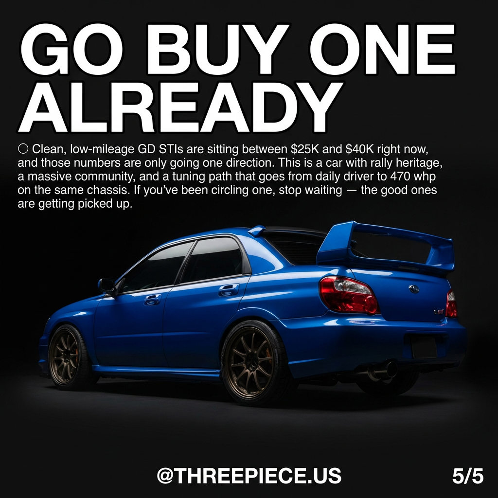 2004-2007 Subaru WRX STI GD with aftermarket 18-inch wheels and performance tire setup
