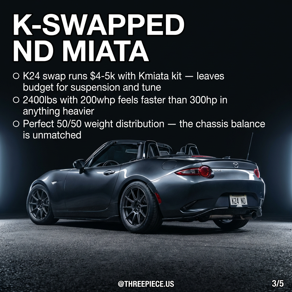 K24-swapped ND Miata engine bay showing Honda swap