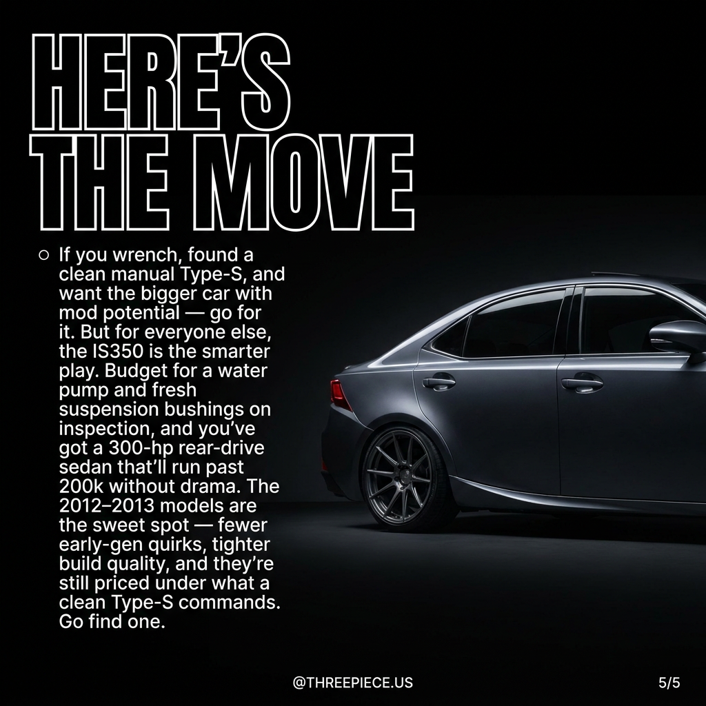 Lexus IS350 on aftermarket wheels and coilovers showing ideal wheel fitment and stance
