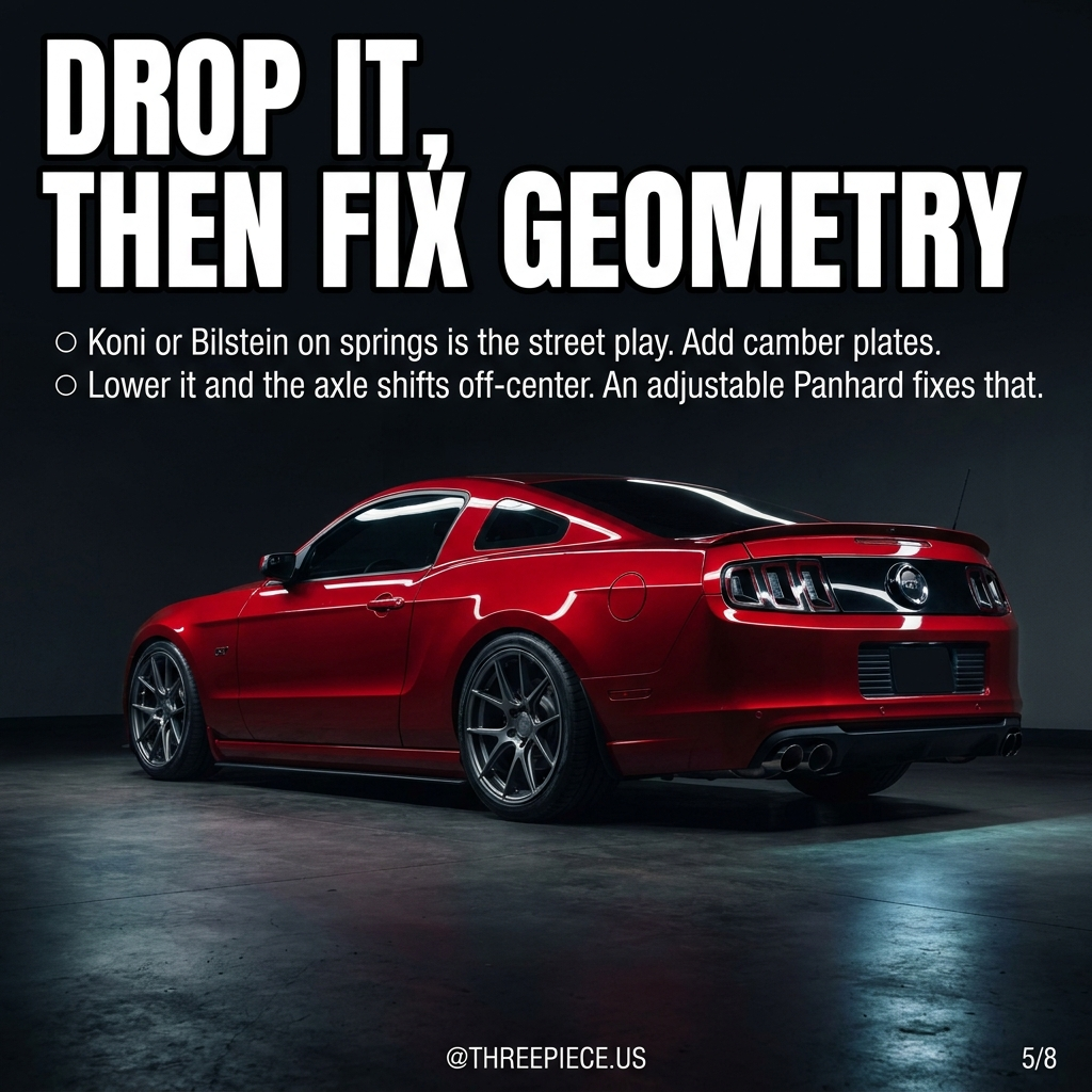 Lowered S197 Mustang GT with coilovers, camber plates and adjustable Panhard bar