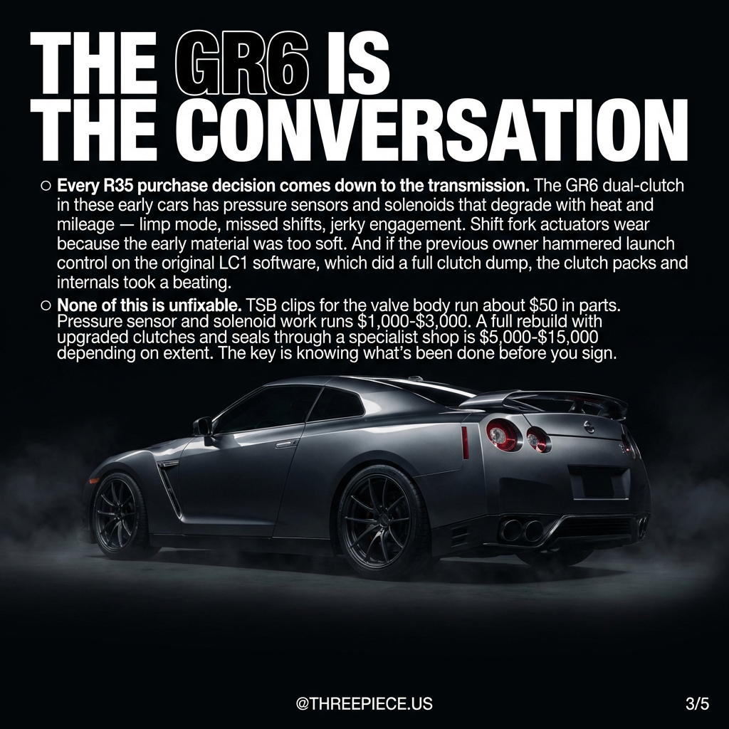 Nissan GT-R R35 GR6 dual-clutch transmission failure points and inspection guide