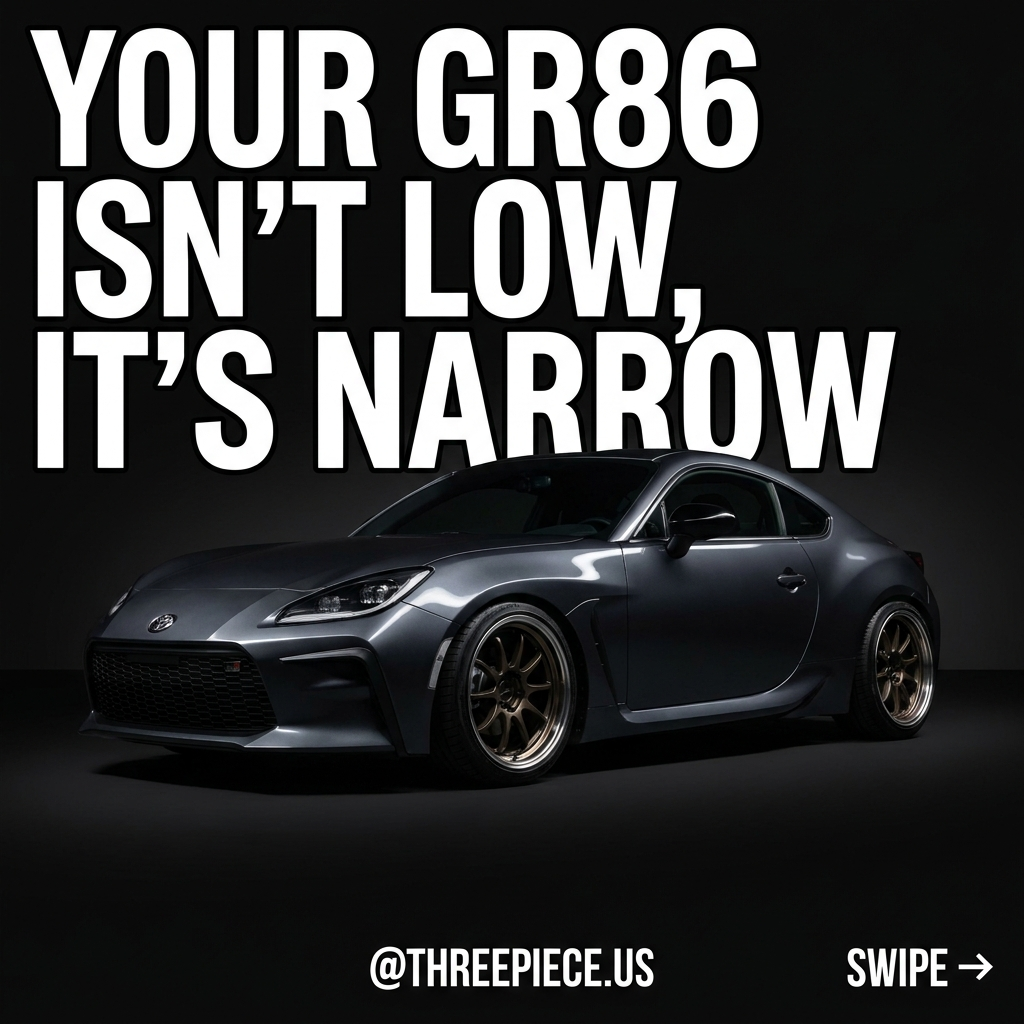 2022+ Toyota GR86 on aftermarket 5x100 wheels showing proper fender fitment