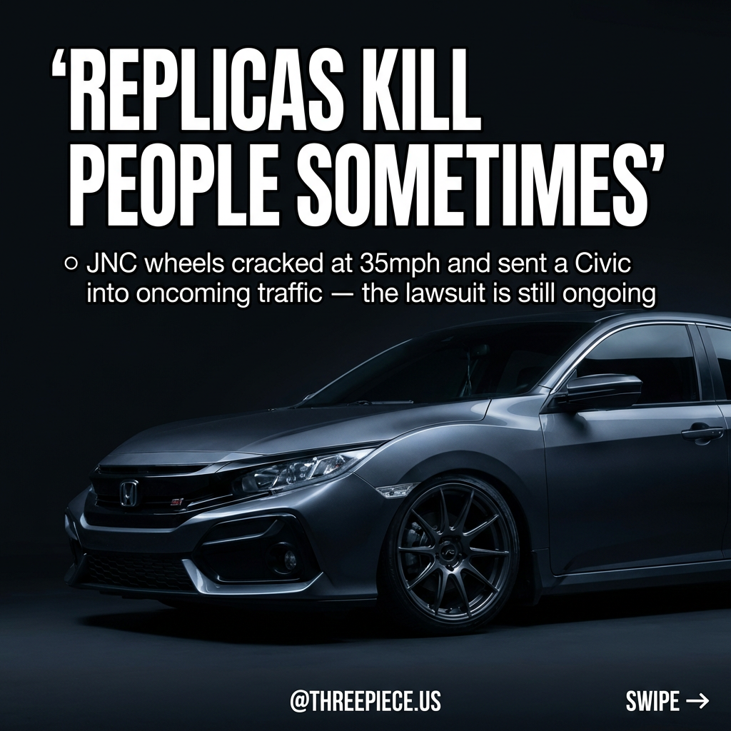 Cracked replica wheel failure showing dangerous structural damage