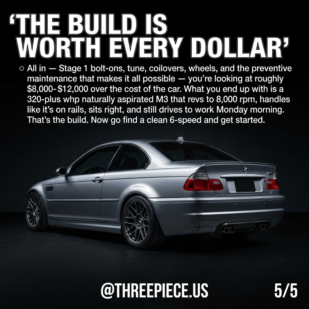 Completed BMW E46 M3 build with aftermarket wheels coilovers and S54 bolt-ons